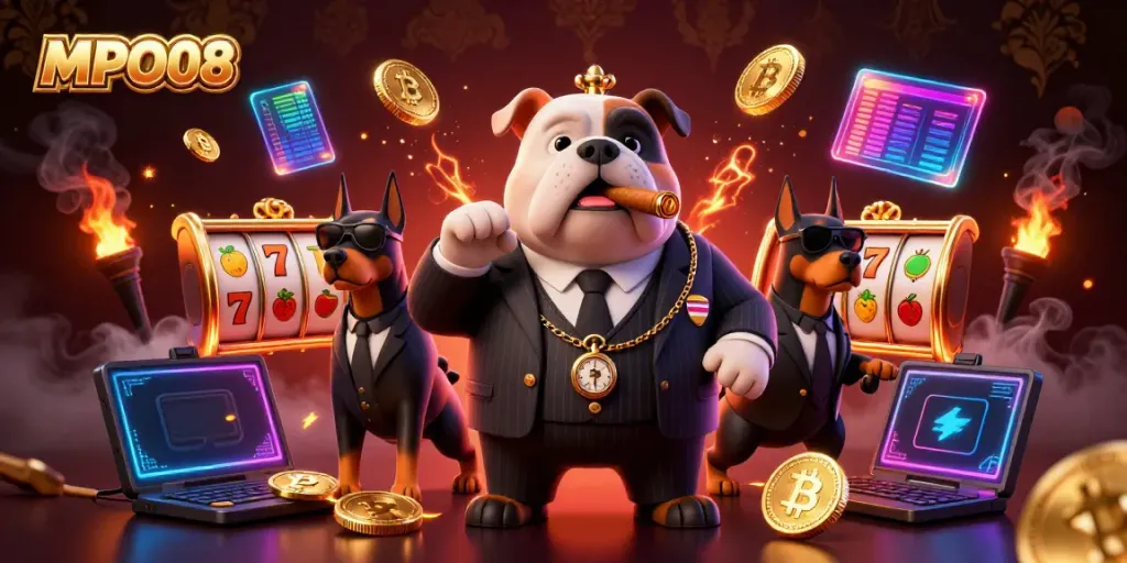 MPO08 animated casino scene with a mafia bulldog and Doberman bodyguards amid slot game elements.