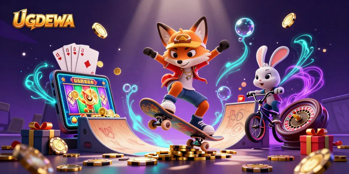 Experience the excitement of UGDEWA with a vibrant 3D cartoon scene showcasing a fox and rabbit in a casino-themed adventure.
