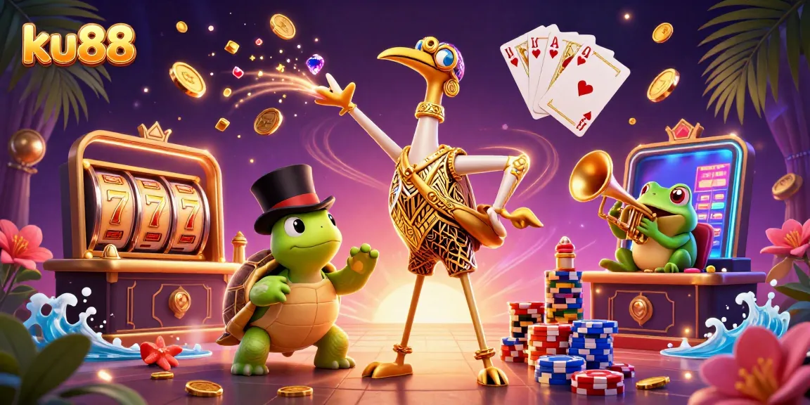 ku88 gameplay excitement illustrated with a vibrant casino scene featuring characters and slot reels