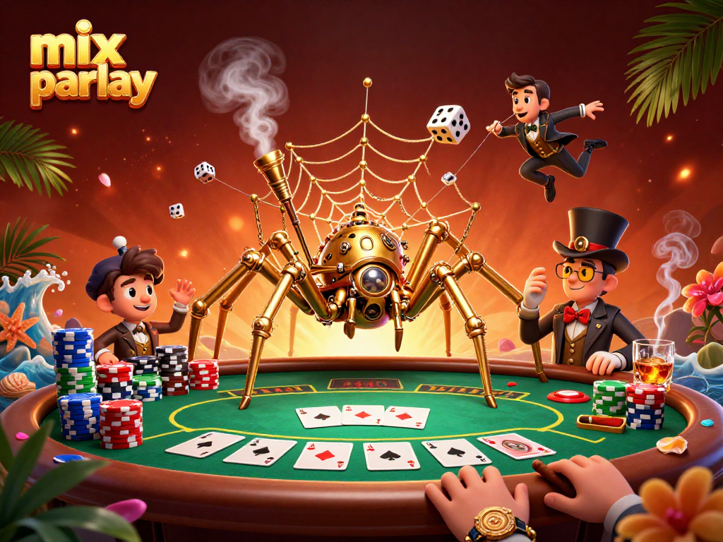 Engage in mix parlay betting with a dynamic steampunk casino scene featuring striking illustrations.