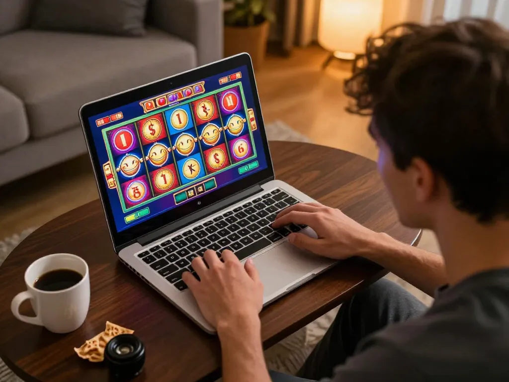 Player enjoying bet kecil slot games at home on a laptop, showcasing flexible and engaging gambling.