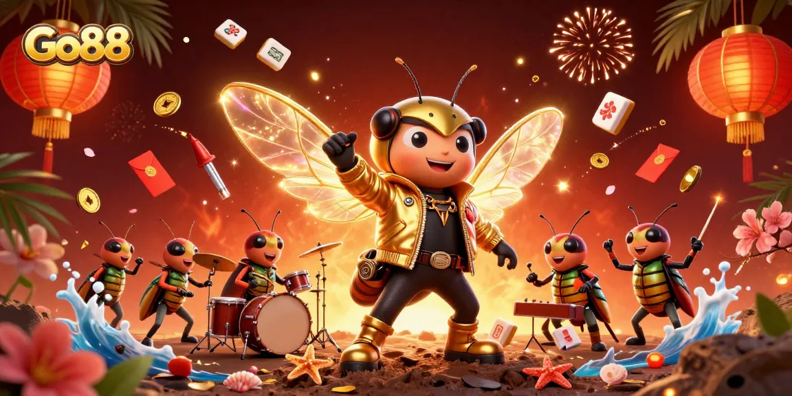 Engage with Go88, where a vibrant rock star cicada shines in an electrifying gambling scene.