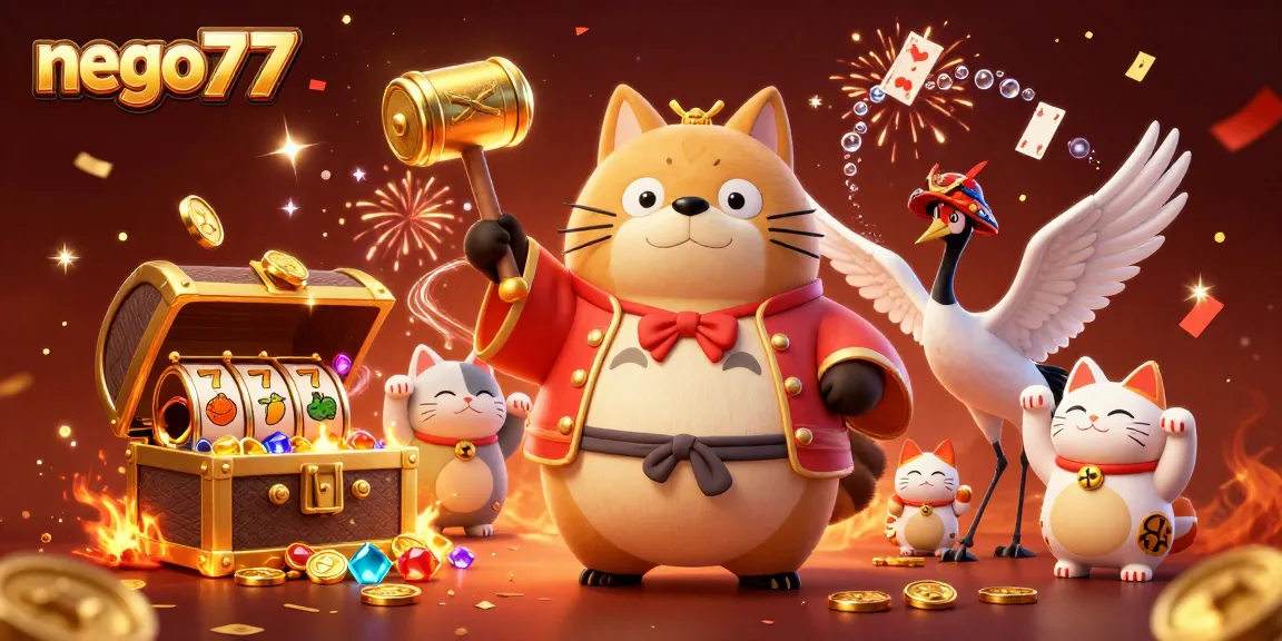 Nego77 promotional illustration featuring lucky tanuki and vibrant casino elements highlighting gaming excitement.
