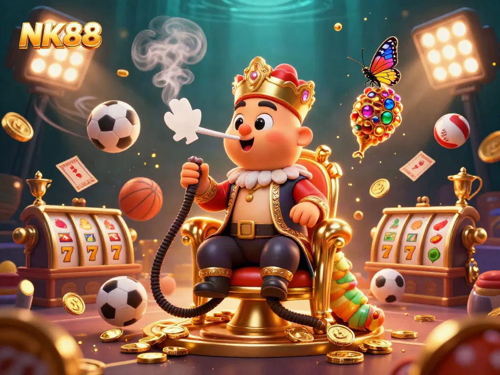 Engage in thrilling casino action with NK88 as a vibrant caterpillar character leads the fun.
