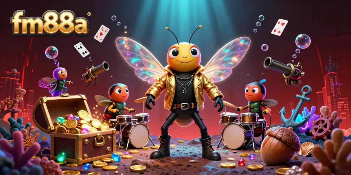 Join the excitement at fm88a with a vibrant 3D casino scene featuring a cicada rock star and dynamic treasures.