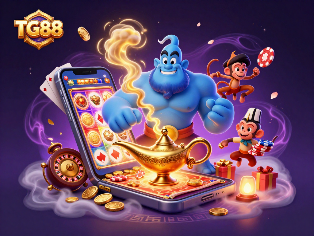 Engage in thrilling games at TG88, where a magical genie, a playful monkey, and poker chips create excitement.