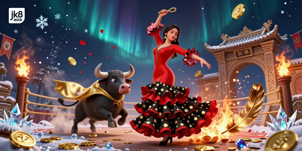 Engage with jk8 asia's thrilling online gaming experience featuring vibrant visuals of a flamenco dancer and fighting bull.