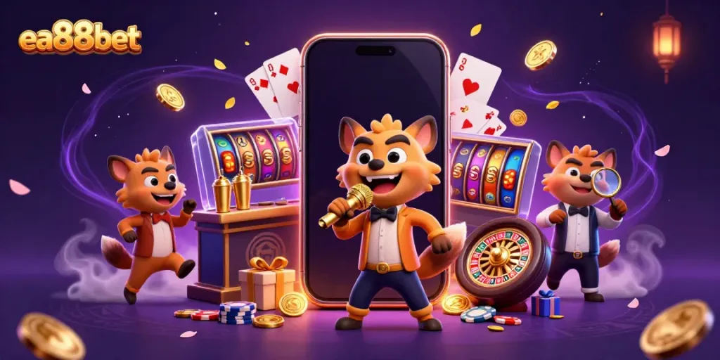 Enjoy thrilling entertainment at ea88bet with hyenas in a lively casino scene featuring slots and poker elements.