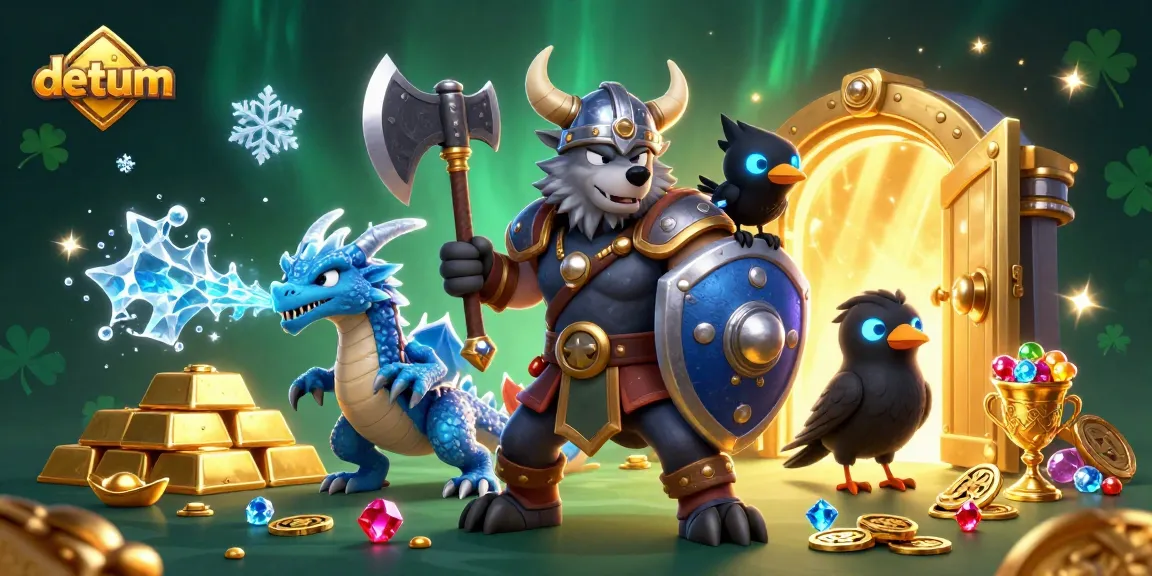 Experience the thrilling excitement of datum casino gameplay with a vibrant 3D illustration featuring a Viking warrior, dragon, and treasure.