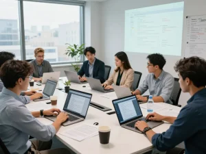 翻译专家在明亮的办公室中使用有道翻译协作进行多语言项目