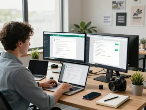 在现代办公室中使用WhatsApp网页版的笔记本电脑，展示即时通讯功能和技术设置。