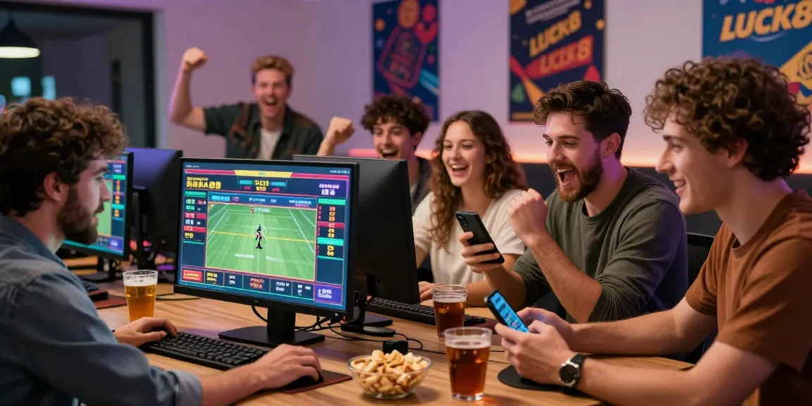 LUCK8 scene of friends enjoying sports betting together, capturing excitement and modern gambling lifestyle.