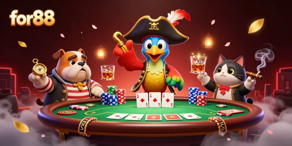 for88's pirate captain parrot leads a casino adventure amid vibrant poker elements and a lively backdrop.