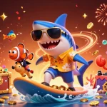 Experience the excitement of saobet1 with animated casino characters surfing on gold coins amidst floating slot reels and festive elements.