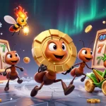 Engage in tài xỉu sunwin while witnessing a dynamic heist scene with ants, golden poker chips, and vibrant elements.