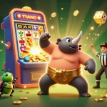 TX88 gambling scene with a rhinoceros beetle sumo champion celebrating winnings in a vibrant casino atmosphere.