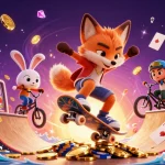 Experience sin88's world with a vibrant 3D casino scene featuring a skateboarder fox and BMX rabbit amidst cascading gems and slot machines.