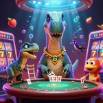 Spin the slots with da88 as cartoon dinosaurs create a lively casino atmosphere.