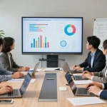 Business professionals evaluating business mobile contracts UK in a collaborative office environment with charts and laptops.