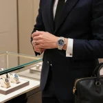 Captivating urban scene showcasing rolex super clone watches in a luxury boutique, highlighting style and elegance.