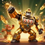 Experience thrilling wins with nego77 in an explosive 3D gambling scene featuring a golden gorilla mech.