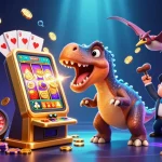 Exciting 33win illustration of a pachycephalosaurus hitting a slot machine for a jackpot.