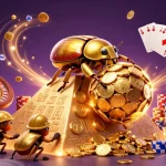 Engage in thrilling games at 32WIN with golden coins cascading and vibrant casino elements surrounding a giant dung beetle.