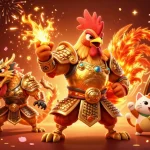 Engage with zbet's vibrant slots scene featuring a warrior rooster and a dragon hatchling.