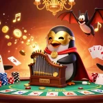 Experience Ku88's enchanting gaming world with a phantom penguin playing a golden organ amidst vibrant poker elements.