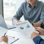 Small business owner analyzing if merchant cash advance is legit with advisor, showing financial documents.