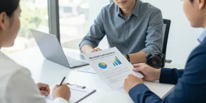 Small business owner analyzing if merchant cash advance is legit with advisor, showing financial documents.
