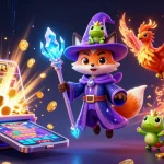 Experience the thrill of FIVE88 with a mystical wizard fox and phoenix in a vibrant casino explosion.
