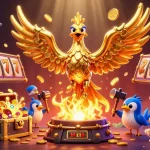 Immerse in Sunwin's golden casino atmosphere with a vibrant phoenix and lucky symbols.