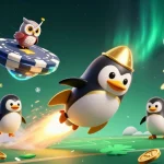 Bet on 888new as the golden penguin soars toward a vibrant casino, capturing immersive game excitement.