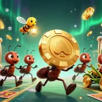 Engaging scene with okfun's playful ants heist, spinning slot reels, and vibrant casino elements.