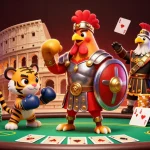 Engage with Trang chủ fabet's vibrant poker scene featuring a rooster warrior and tiger cub.