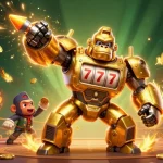 Experience NET88 action with a dynamic illustration of a golden mech gaming triumph.