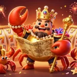 Experience big wins with 123B's colorful slot reels and golden crab emperor in a vibrant casino scene.