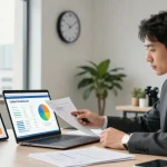 Business professional reviewing cyber essentials cost and compliance details in modern office.
