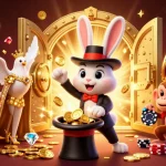 Experience the thrill of Luck8 with a 3D illustration featuring a magician rabbit, coins, and casino elements.