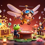 88aa engaging casino scene with a dragonfly pilot and frog croupier surrounded by vibrant elements.