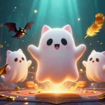 Experience thrilling gaming at RR88 with a ghost cat and vampire bat in a haunted casino scene.