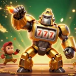 SLOT GACOR showcases a golden gorilla mech in a vibrant casino setting with dynamic gaming elements.