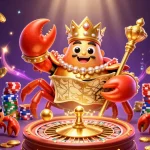 Experience Luckywin's vibrant casino adventure with a golden crab emperor, chips, and dynamic slot reels.