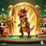 Experience thrilling gameplay with GG88 at a vibrant casino scene featuring dinosaurs and treasures.