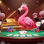 Experience the vibrant casino world at Luck8 with a flamingo singer and hippo bassist performing dynamic poker.