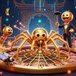 Agen Judi Bola Dewabet showcases a thrilling betting scene with a fly nervously placing bets and a centipede croupier.