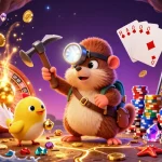 ku88 treasure hunter mole mining while spinning roulette and playing cards fly around