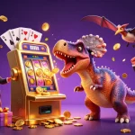 Socolive showcases a thrilling casino scene with vibrant cartoon dinosaurs and a golden slot machine bursting with coins.