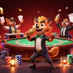 Engage with vip win's lively casino atmosphere featuring humorous hyenas and vibrant game elements.